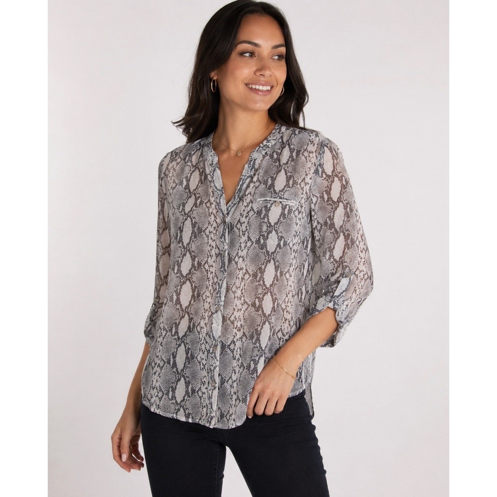 KUT From The Kloth Sheer Snakeskin Print Button Front Blouse Gray White‎ MP